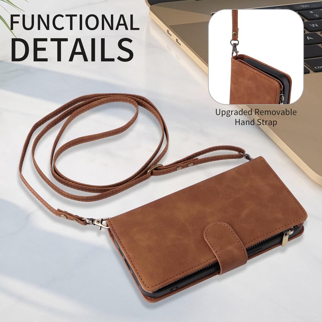 For iPhone 15 Pro Case Zipper Multi-Pocket Wallet Leather Phone Cover with Shoulder and Wrist Straps