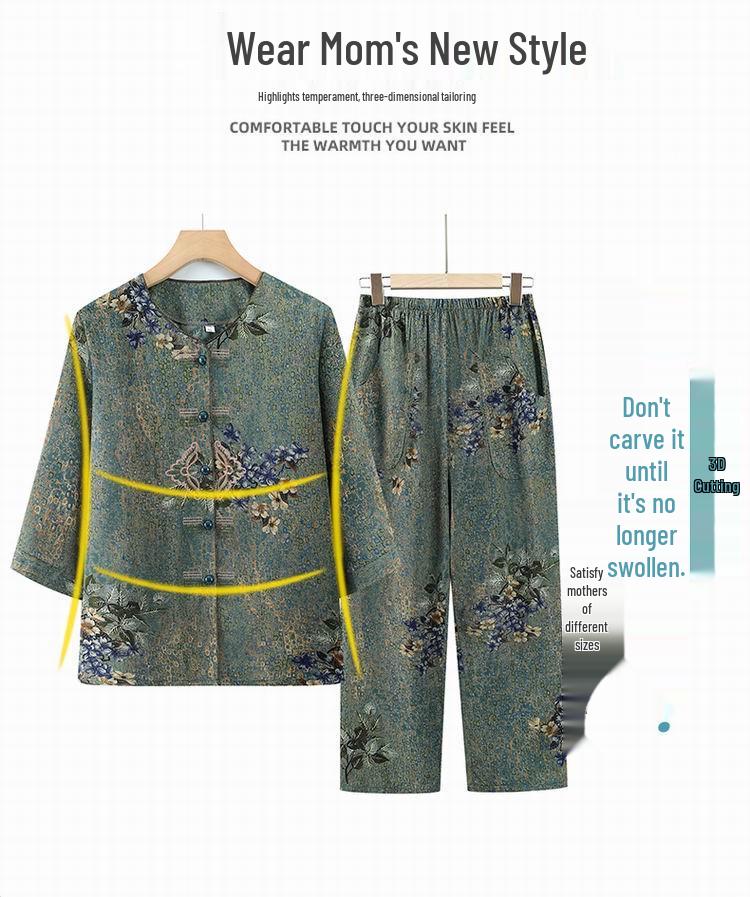 Mother's Day Summer Mid-Sleeve Set for Grandma – Casual Two-Piece Outfit for Middle-Aged and Elderly Women