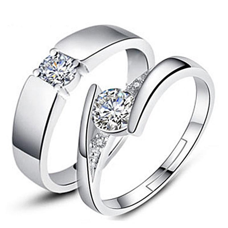 European & American Silver-Plated Zircon Wedding Rings - Korean Style Open Couple Rings for Women