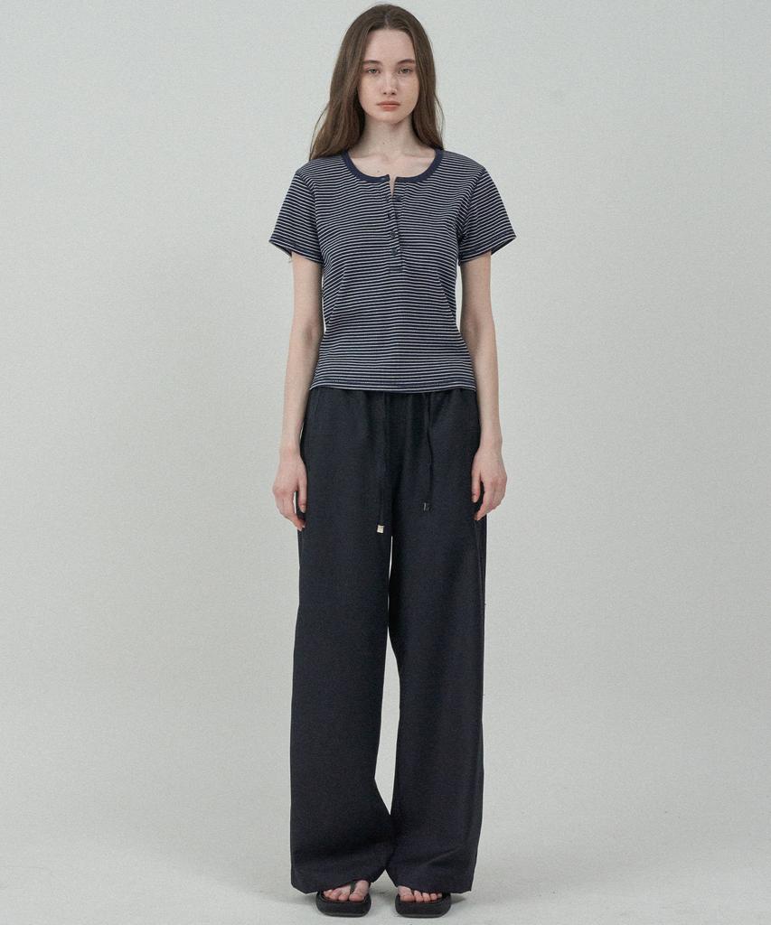 MOTT Henley Neck Half T-Shirt - Stripe Navy