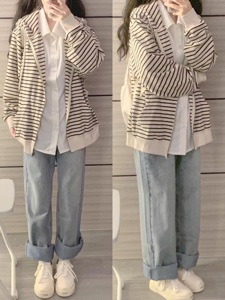 Women's Hong Kong Style Striped Hooded Sweatshirt - Lightweight Casual Zipper Cardigan for Spring/Autumn