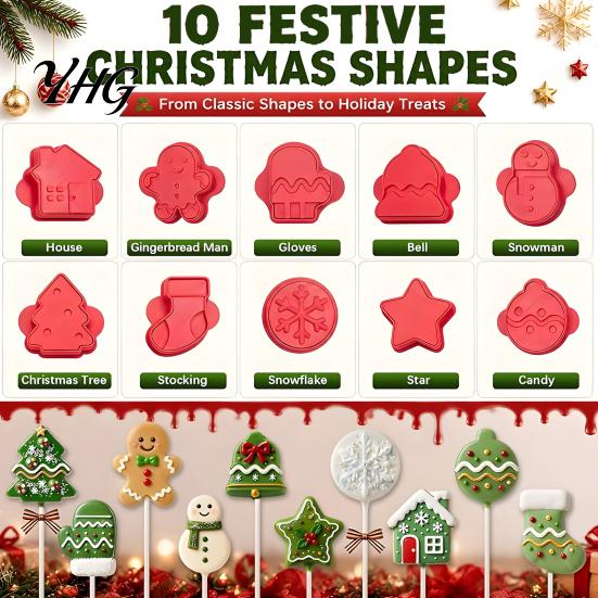 Christmas Party Favors 10 Pairs Cookie Cutter Set, Biscuit Stamp Mold with Pop Sticks, Gingerbread Baking Molds for Cake Pops Man Tree House