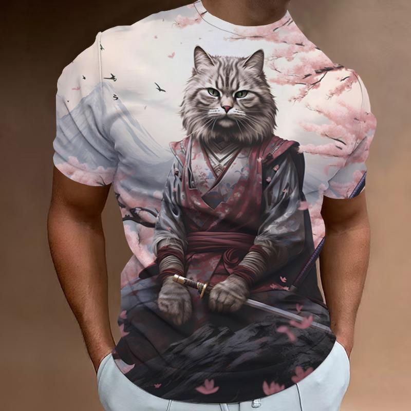 New Retro Men's T-Shirt 3d Samurai Cat Print Short Sleeve T-Shirt For Men Fashion Oversized Man Clothes