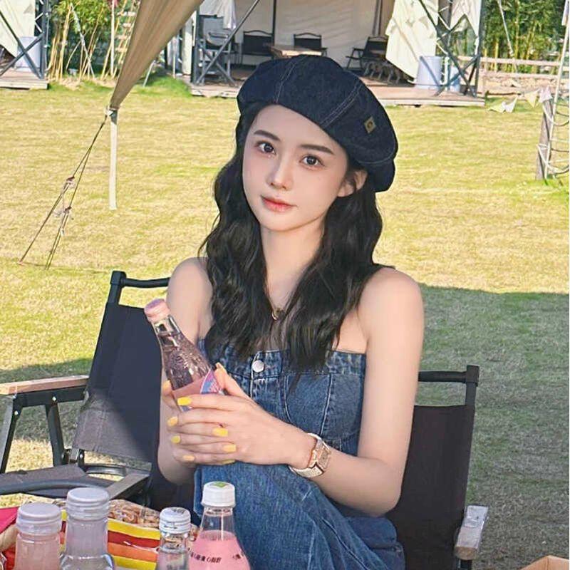 

Denim Beret Wig Detachable Female Water Ripple Curly Hair Painter Cap Japanese Style Artistic Retro Octagonal Hat Summer Deep denim blue + cold brown 25cm water ripple