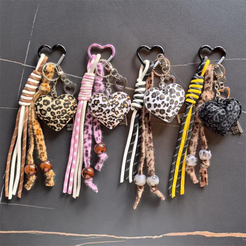 Personal Leopard Print Bag Pendant Creative Heart Keychain Pendant Fashion Vintage Braided Cord Pendant Exquisite Versatile Gift