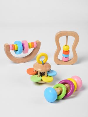 4pcs Wooden Montessori Educational Toy, Soothing And Grasping Toy, Visual And Auditory Grasping Training Toy, Birthday Gift