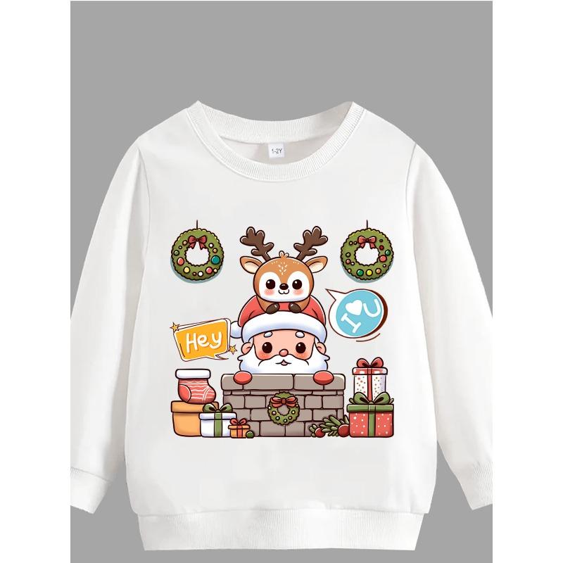 Kids Sweatshirt [Christmas] Hey Santa Reindeer Print Pattern Fleece Warm Through Sweater Fashion Print Pattern Wear Casual Long Sleeve 110 белый