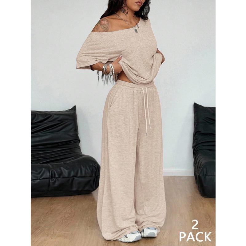 Off-the-shoulder Wide-leg Pants Set - Spring/Summer Women's Casual Sports Short-sleeved Two-piece Loose Pants