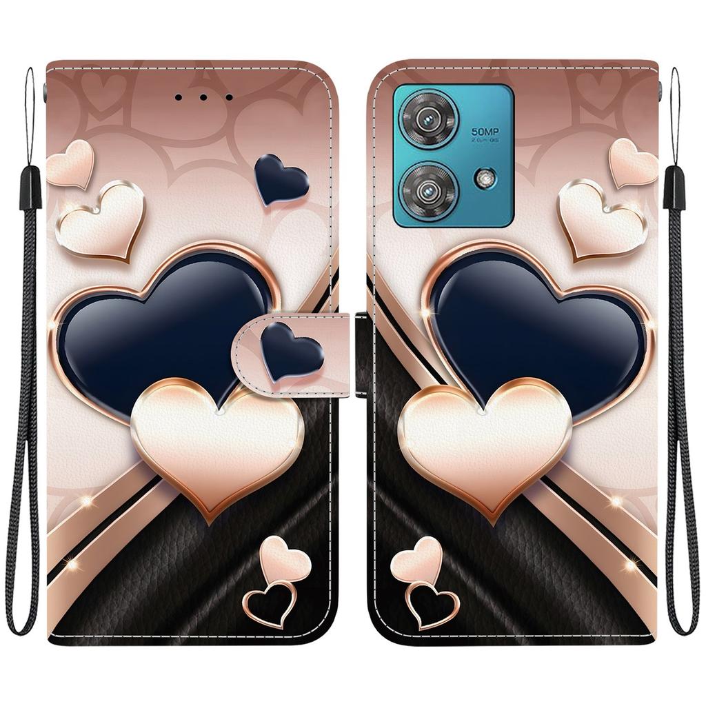 Handmade PU Leather Flip Case for Motorola Edge 40 Neo Anti-Slip Shockproof Cover with Wrist Strap & Heart/Rose Cat Designs