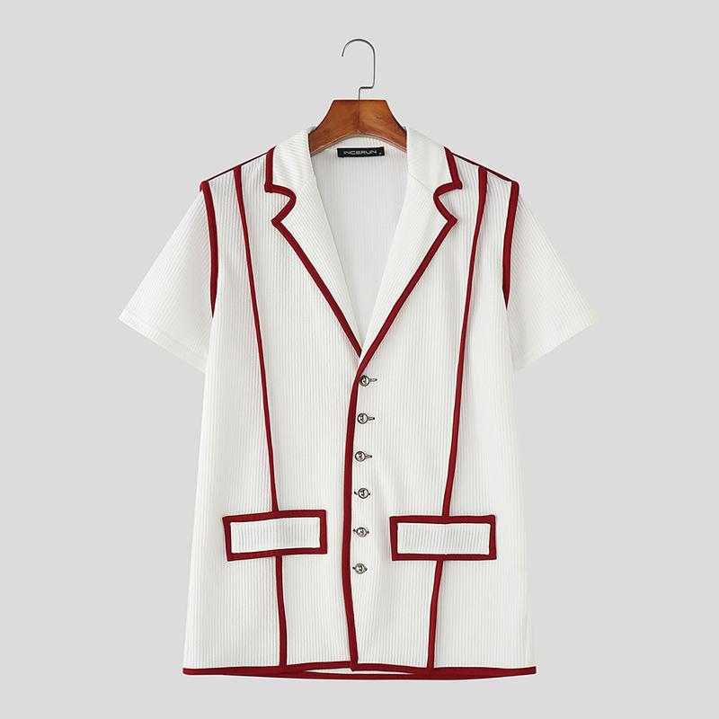 

INCERUN Men Lapel Neck Short Sleeve Stitching Casual Loose Rib Shirts Tops S белый