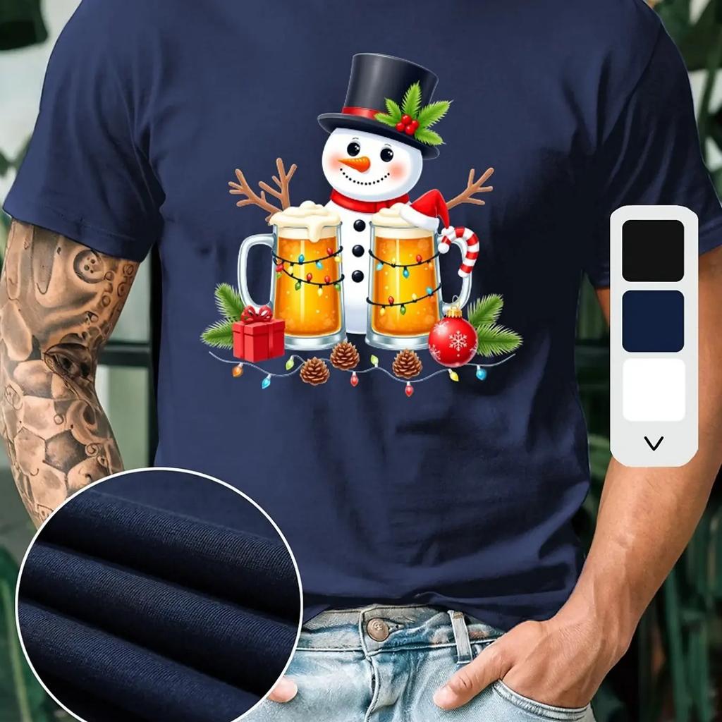 Mens Printed 100 Cotton ShortSleeved Christmas Beer Pattern Fashion HighQuality TShirt