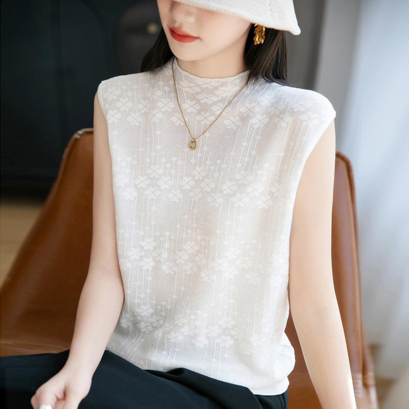 Полый жаккардовый вязаный женский летний тонкий новый свободный и тонкий вязаный свитер-жилет топ с коротким рукавом M
