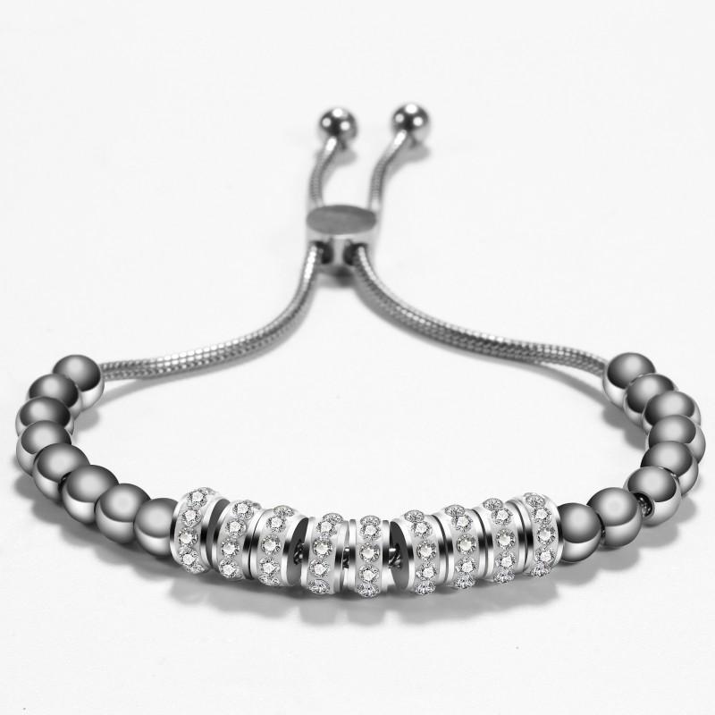 Adjustable Stainless Steel Beaded Bracelet With Rhinestone Accents Minimalist Geometric Design Women Men
