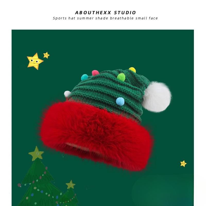 

Cute Christmas Atmosphere Red Plush Hat for Women In Winter Thickened Warm Knitted Hat Ear Protection Wool Ball Wool Hat M（56-58cm）