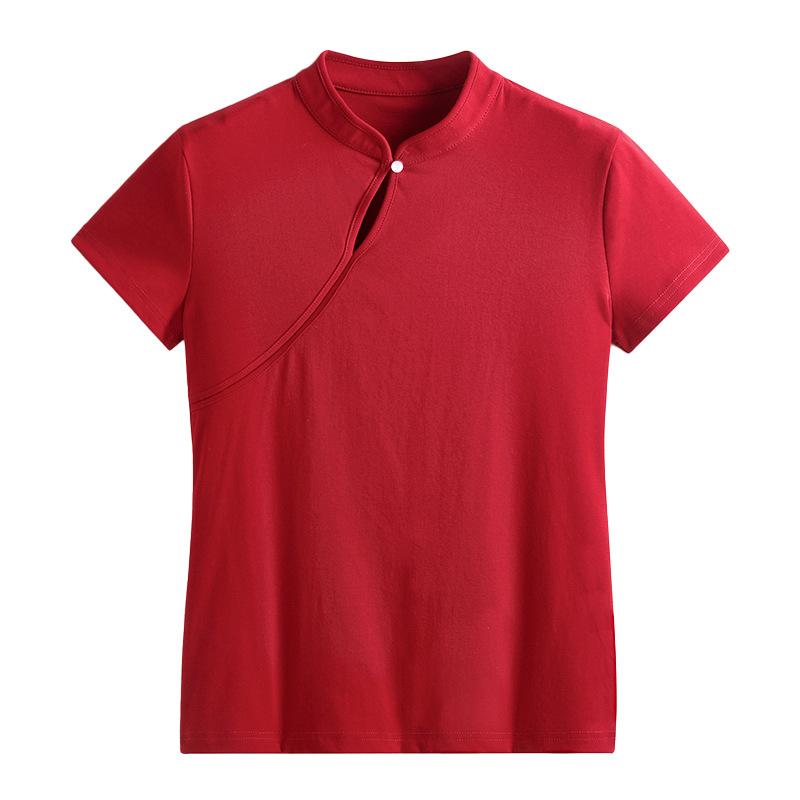 Summer Women's T-shirt Chinese Style Slim Standing Collar Short Sleeve Top