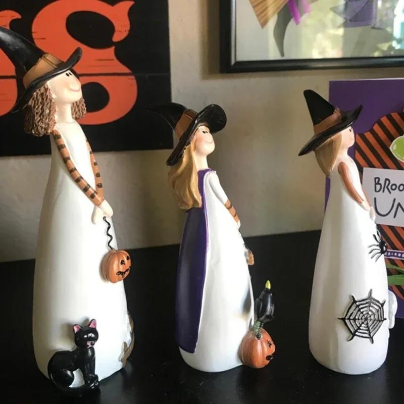 Halloween-Hexen-Dekoration aus Kunstharz, Hexenhut, Katze, Geist, Krähe und Kürbis-Dekorfiguren für Feiertags- und Partyschmuck