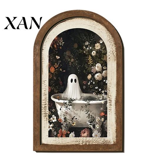 Farmhouse Ghost Decor Halloween Wall Decor, Cute Table Sign, Vintage Arch Framed Autumn Fireplace Accent Picture, Decorative Art for Mantel