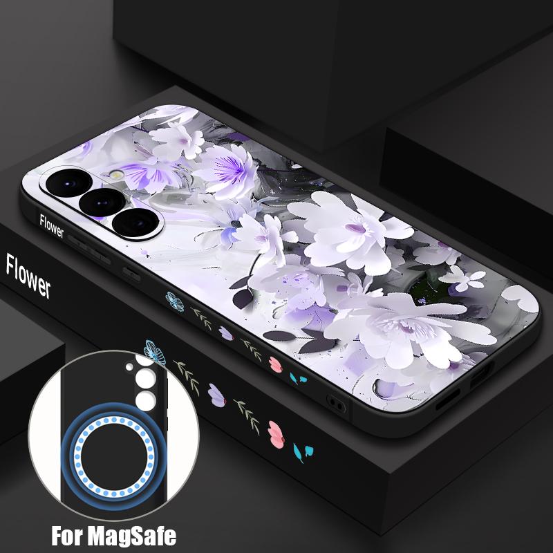 Watercolor Floral Pattern Case For Samsung Galaxy S26 S25 Ultra S24 S23 FE S22 Plus S21 Built-in Metal Plate Magnetic Silicone Cover