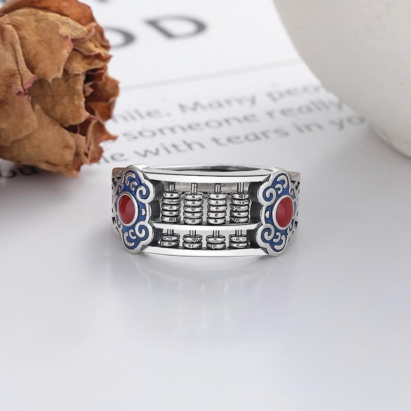 Adjustable Open Ring With Vintage Abacus Motif Oxidized Red Agate Inlay Sterling Unisex Boho Retro Jewelry