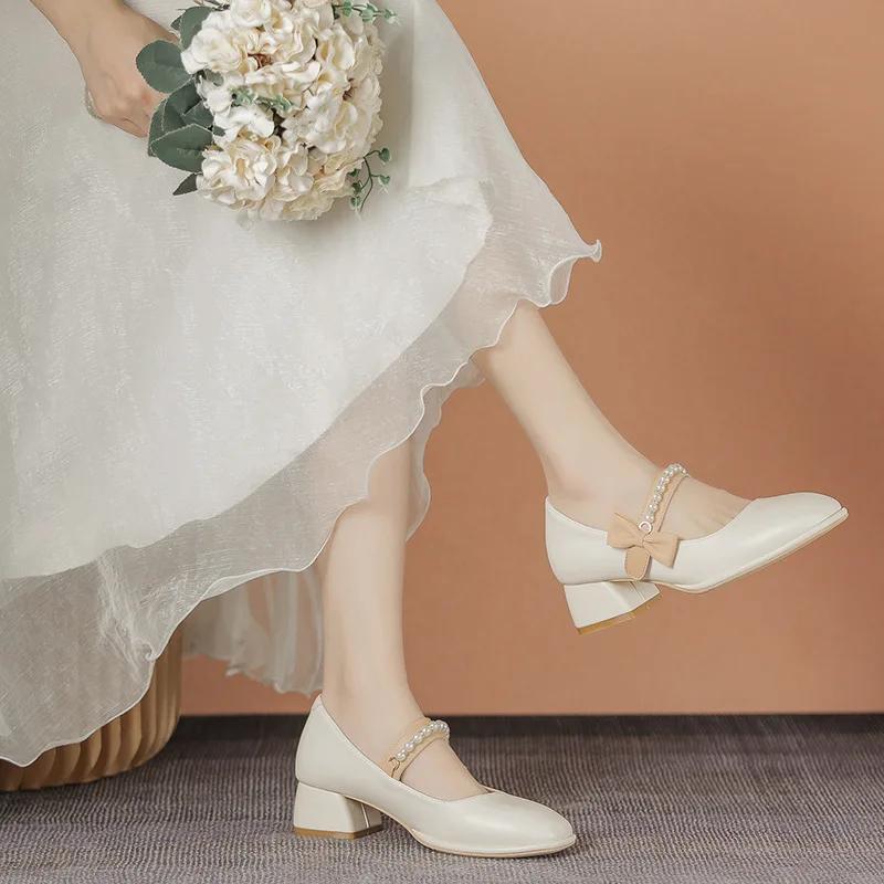 New Women Shoes Sweet Pumps Girl Pearl Chain Heel High Heels Shoes Fashion Dress Shoes