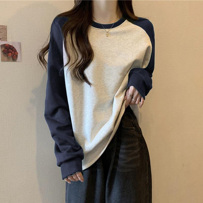 

Real shot splicing contrasting color shoulder sleeves crew neck sweater women s large size loose and thin top 2XL тёмно-синий
