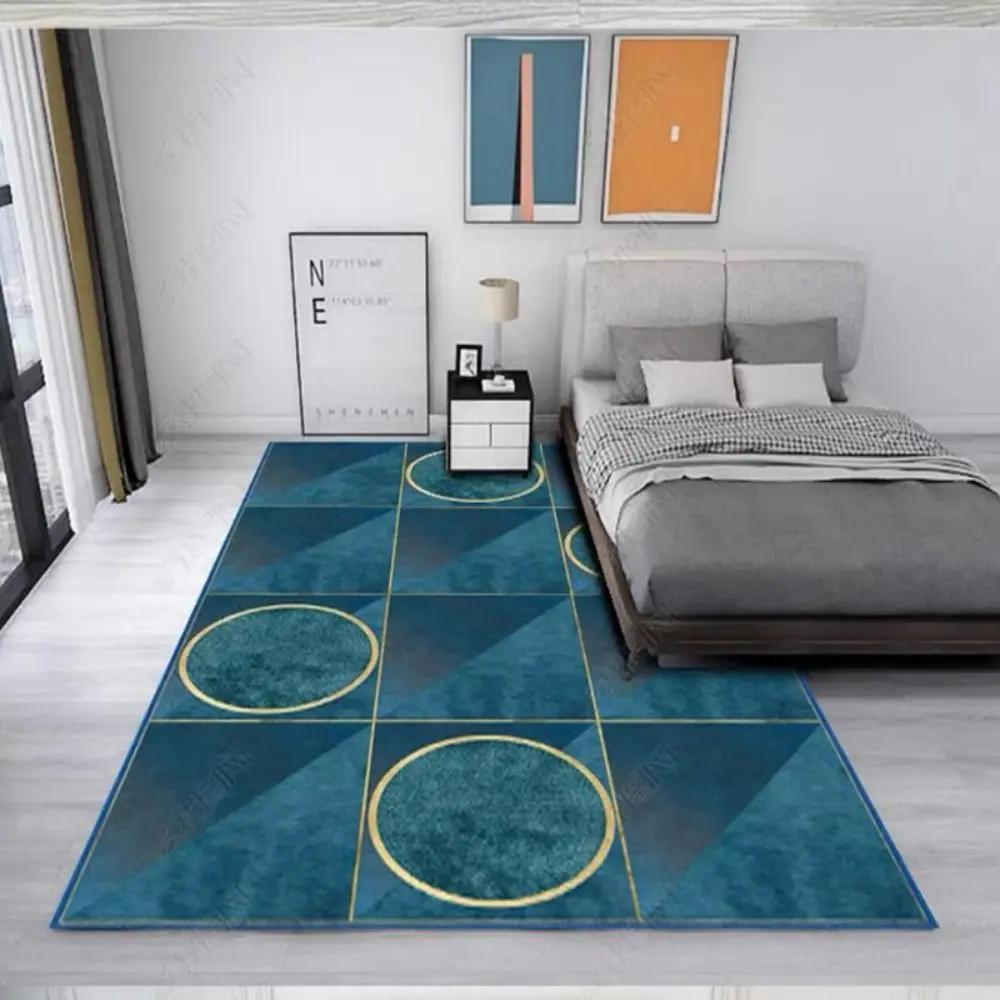 Modern Einfach Nordisch Mode Blau Vergoldet Geometrisch Teppich Rutschfest Waschbar Wohnzimmer Sofa Couchtisch Teppich Schlafzimmer Bett Vorleger
