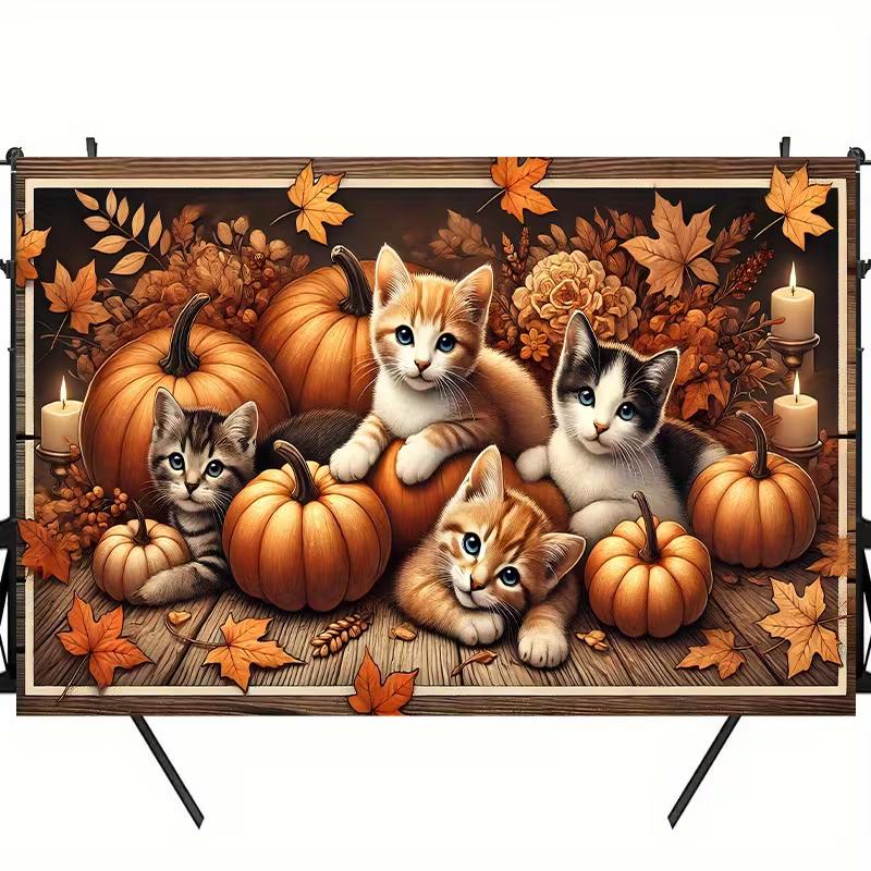 2D Thanksgiving Kitten Backdrop Adorable Cats & Pumpkins Fall Banner