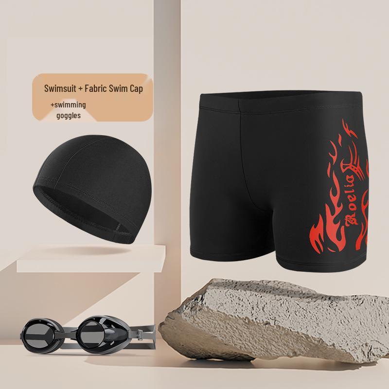 Nylon Flame Men's Swim Trunks & Goggles Set - Quick-Dry Square Leg Training Swimwear