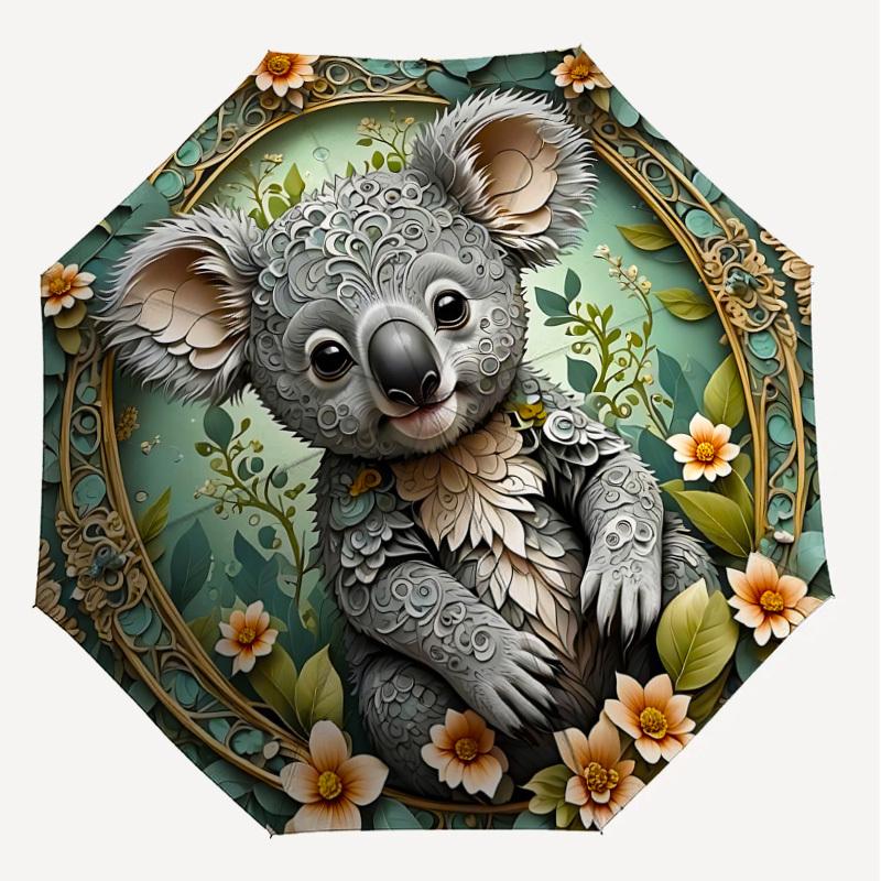 1PC Koala FloralAutomatic Open/Close Umbrella with Windproof, 8-Rib Sturdy Canopy, Durable Ribs, Fashionable Design, Outdoor Accessory, Fun Prin, Holi