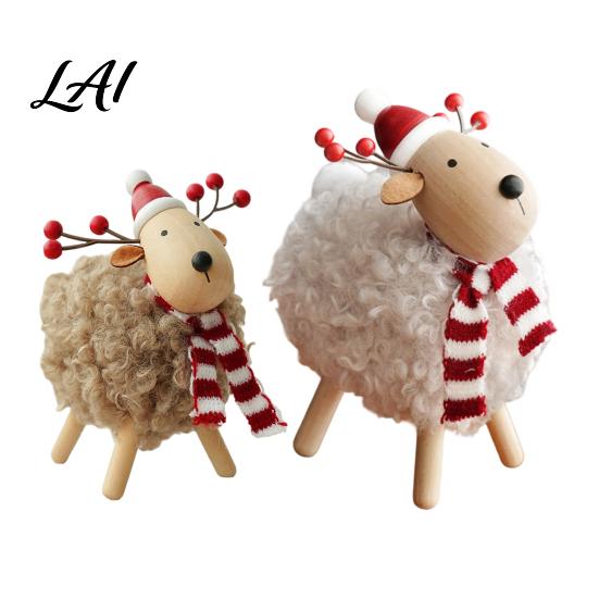 Wooden Lamb Ornaments Christmas Sheep Figurine with Scarf Santa Hat Plush Fleece Versatile Wood Art Pieces Tabletop Ornament Rustic Holiday Desktop