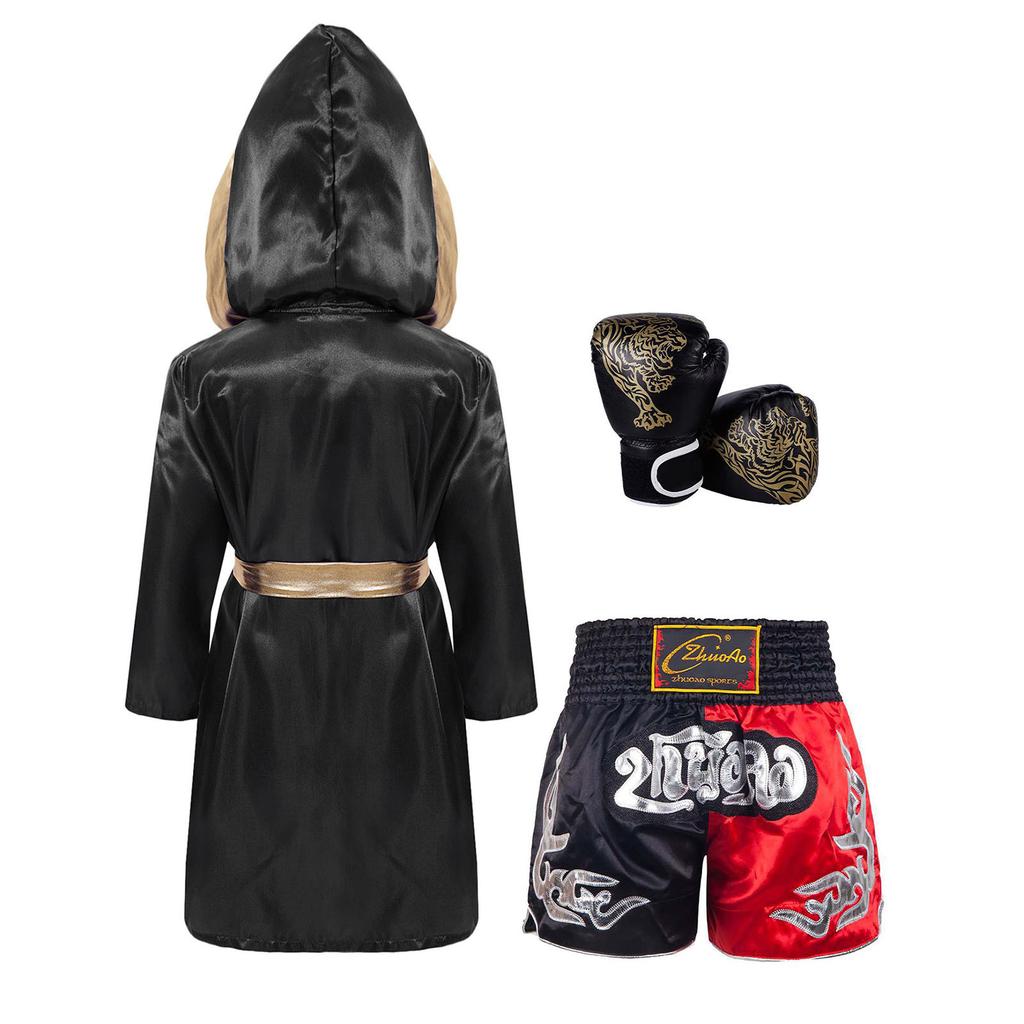 Jungen Kampf Nacht Cosplay Set: Boxer-Robe mit Kapuze, Elastische Shorts & Handschuhe Komplette Ausstattung für Party & Rollenspiel