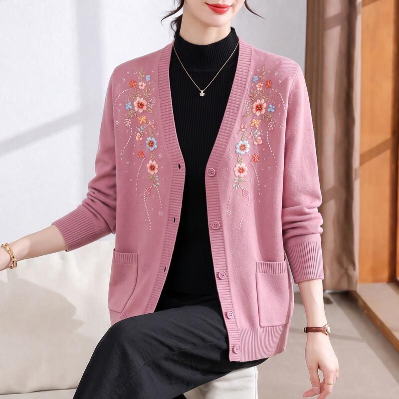 Hengyuanxiang Women's Floral V-Neck Embroidered Knit Cardigan