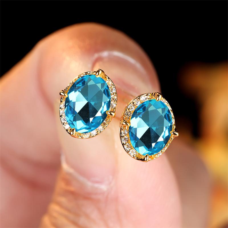 Crystal Female Red Oval Zircon Stud Earring Luxury Small Stone Earrings Charm Yellow Gold Color Wedding Jewelry For Women