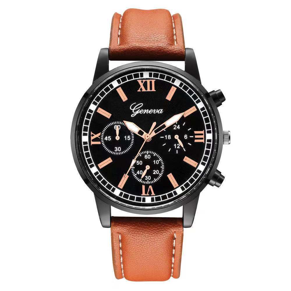 Fashion Men'S Business Watch, Black Shell Three Eyelid Strap Watch, Men'S Casual Quartz Watch