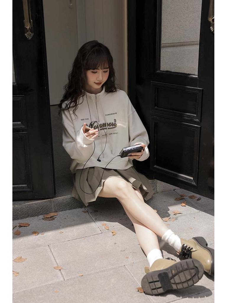 Europäischer Stil Übergröße High Waist Sweatshirt für Damen - 2025 Frühling/Herbst Kollektion: Lockere Passform, Schlankmachend, Stehkragen, Kurzes Oberteil