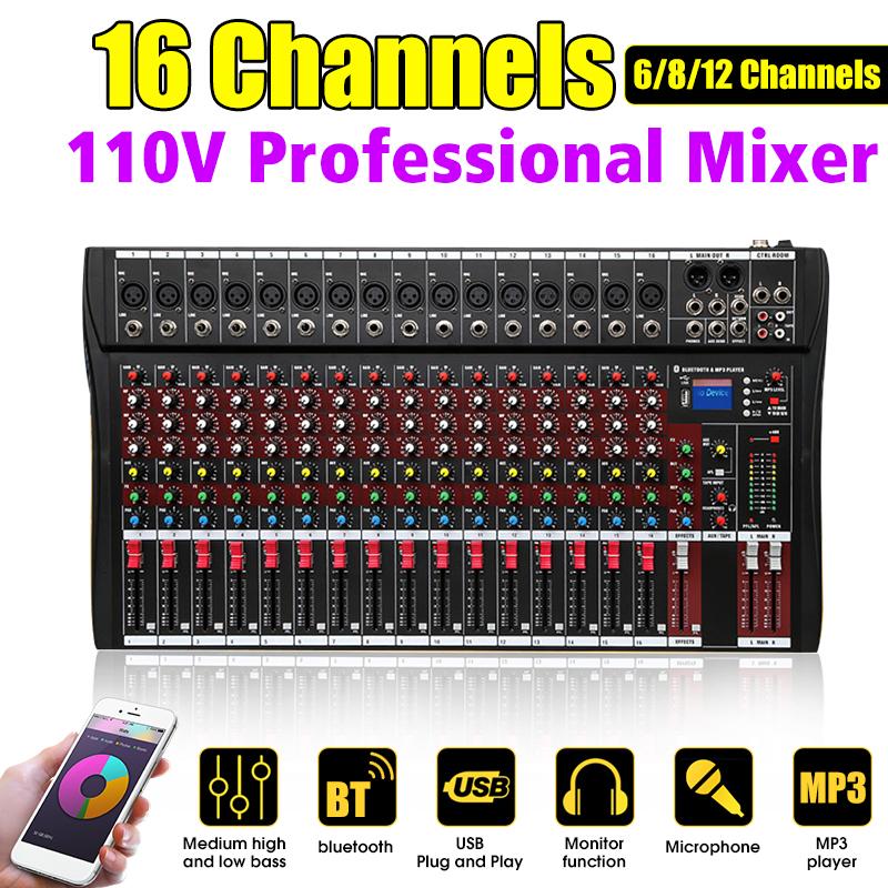 110V 6/8/12/16 Channel Audio Mixer 6 Music Modes USB Bluetooth Mixing Console Amplifier Computer Playback Phantom Power Effect