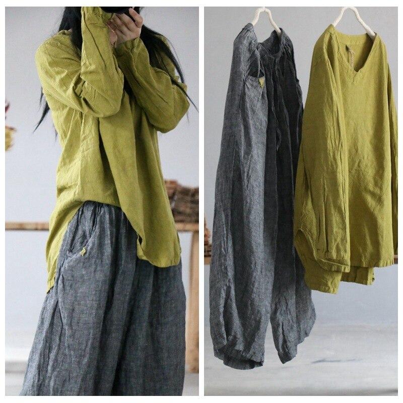 Johnature Women T-Shirts Loose Linen Solid Color Vintage Flax Spring Solid Color V-Neck Long Sleeve Loose T-Shirts