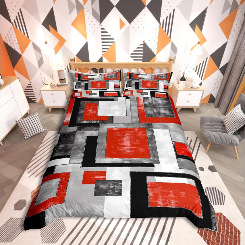 Homewish Geometric Rectangle Stripes Duvet Cover Set,Mid Century for Teens Bedding Set,Abstract Vintage Decor