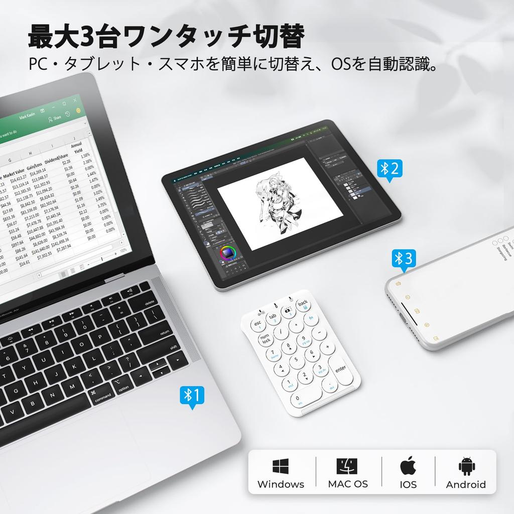 iClever KP08Pro Numeric Keypad, Bluetooth Wireless Number Keyboard, Pairs with up to 3 Devices, Ultra-Thin, with Tab Key, Bluetooth Wireless Number Pa