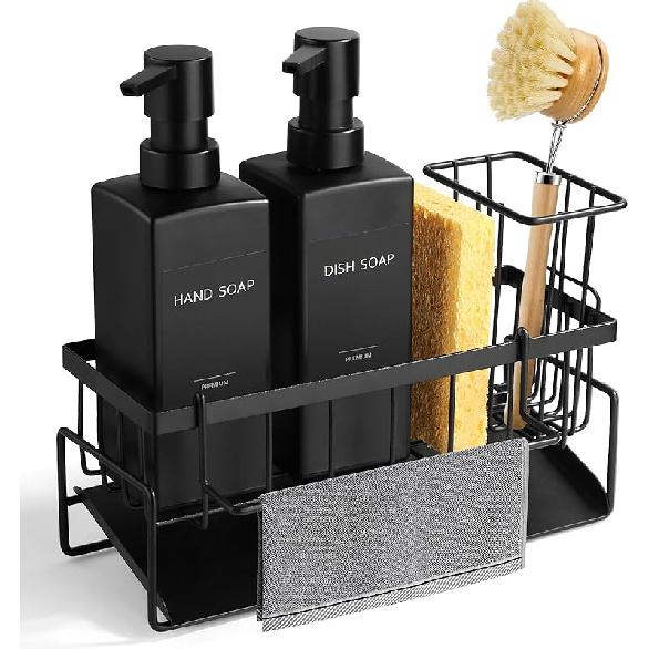 GMISUN Dish Soap Dispenser, 12 fl oz / 350 ml Dual Kitchen Soap Dispensers with Sponge Holder, Customized Matte Black Kitchen Soap Dispenser Set, Black Bottle + Black Rack