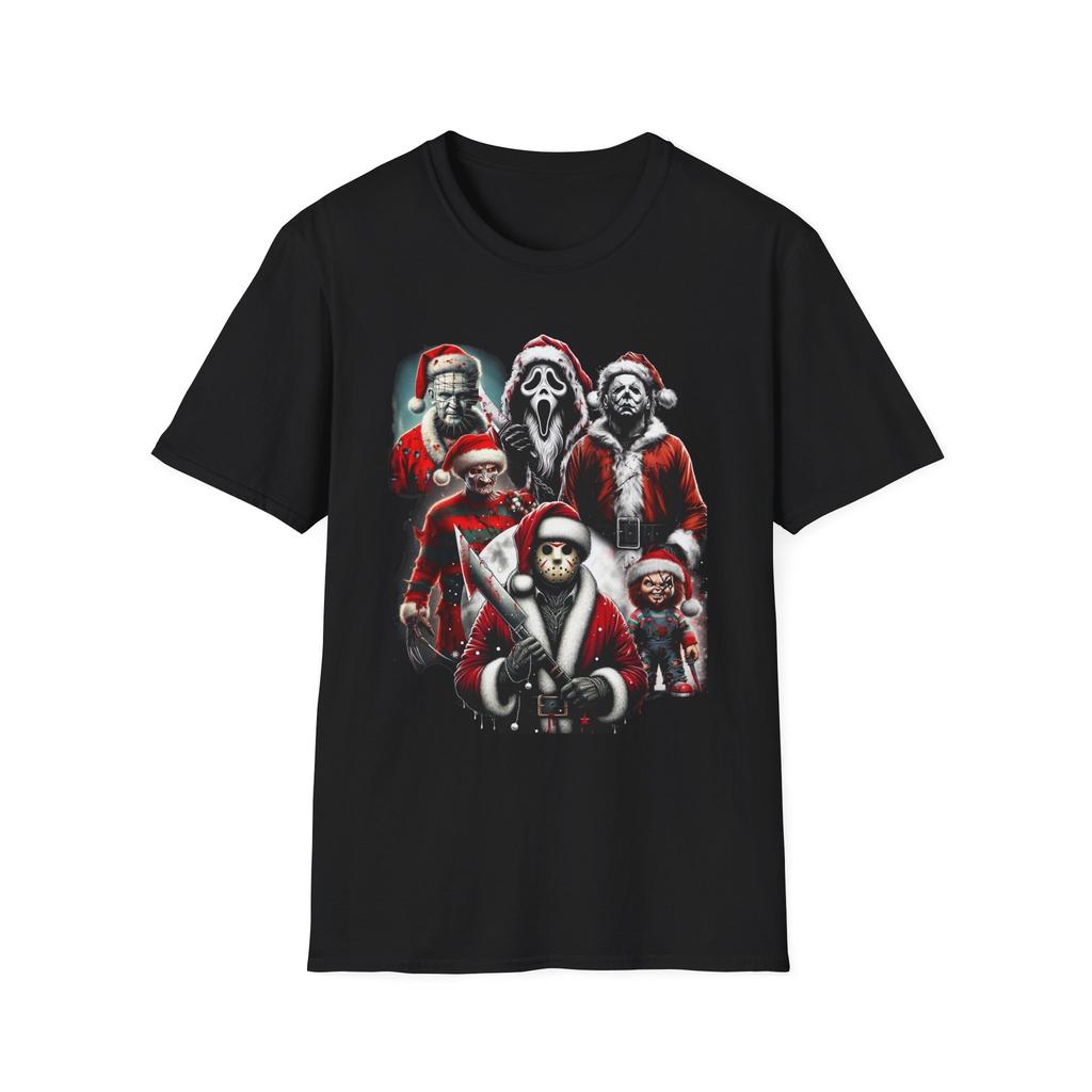 Horror Movie Characters Christmas T-Shirt – Festive Frights Graphic Tee