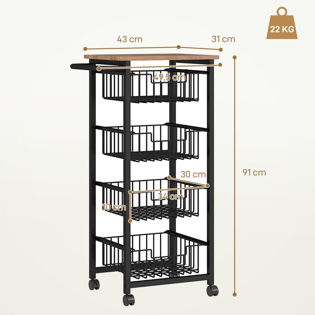 Four Basket Mobile Kitchen Island, with Brakes - Oak/Black