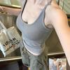 Women's Gray Strappy Tank Top with Chest Pads - Anti-Exposure, Armpit Coverage, Beautiful Back Design for Spring and Autumn