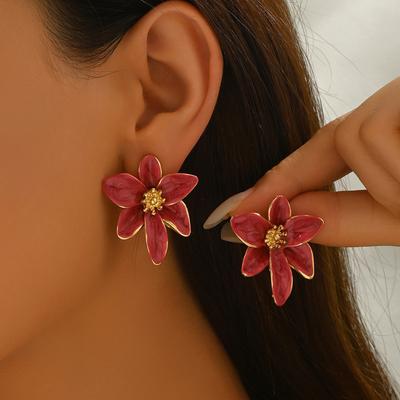 Fresh Floral Drip Oil 18K Gold Plated Stud Earrings Women European American Geometric High End Jewelry Gift