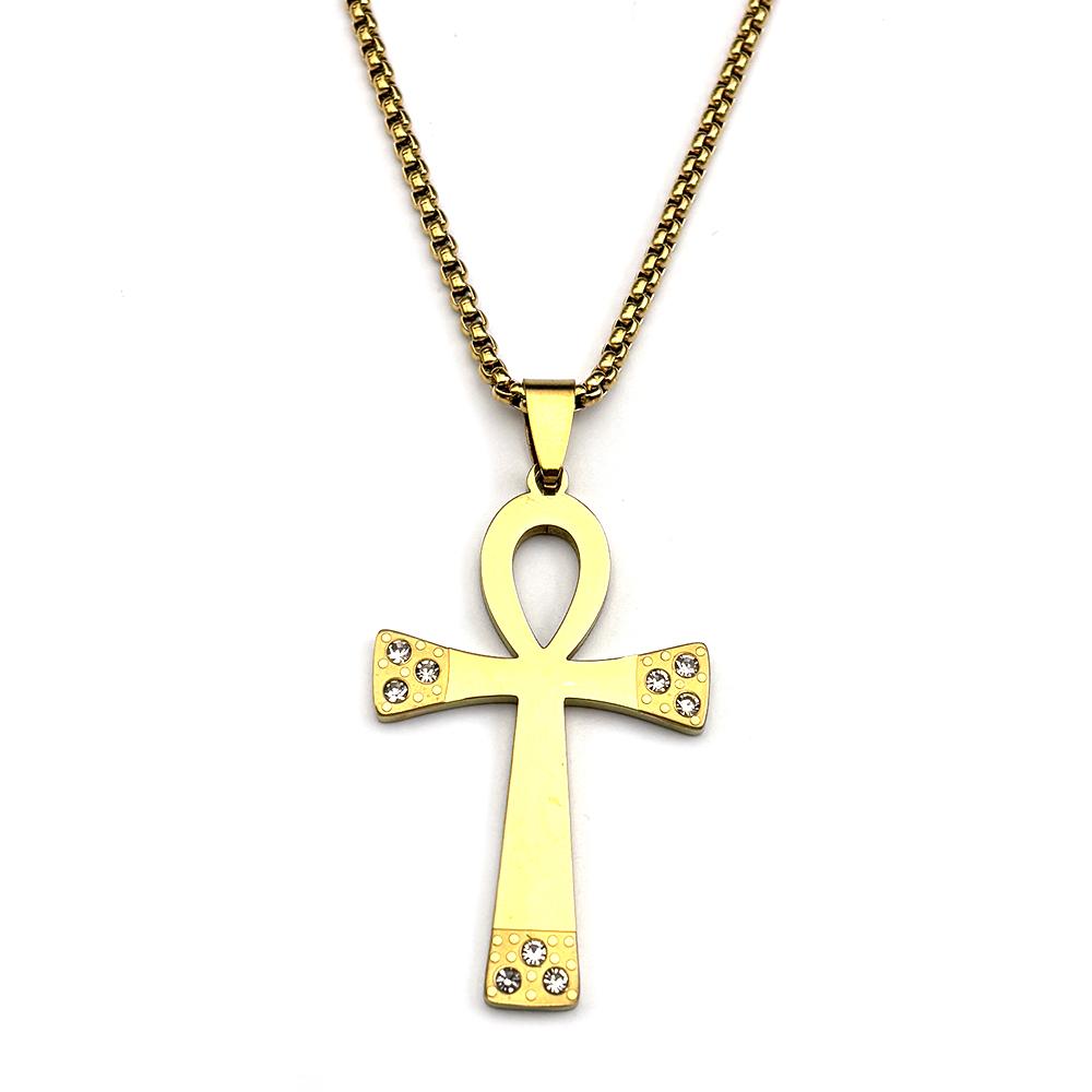 Egyptian Ankh Cross Stainless Steel Pendant Necklace for Women Men Symbol of Life Cross Rhinestones Chain Necklaces Jewelry Gift
