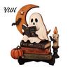 Vintage Halloween Interior Ornament Reading Ghost Figurine, Retro Wooden Statue, Desktop Spooky Magic Style Table Decor with Stacked Book for