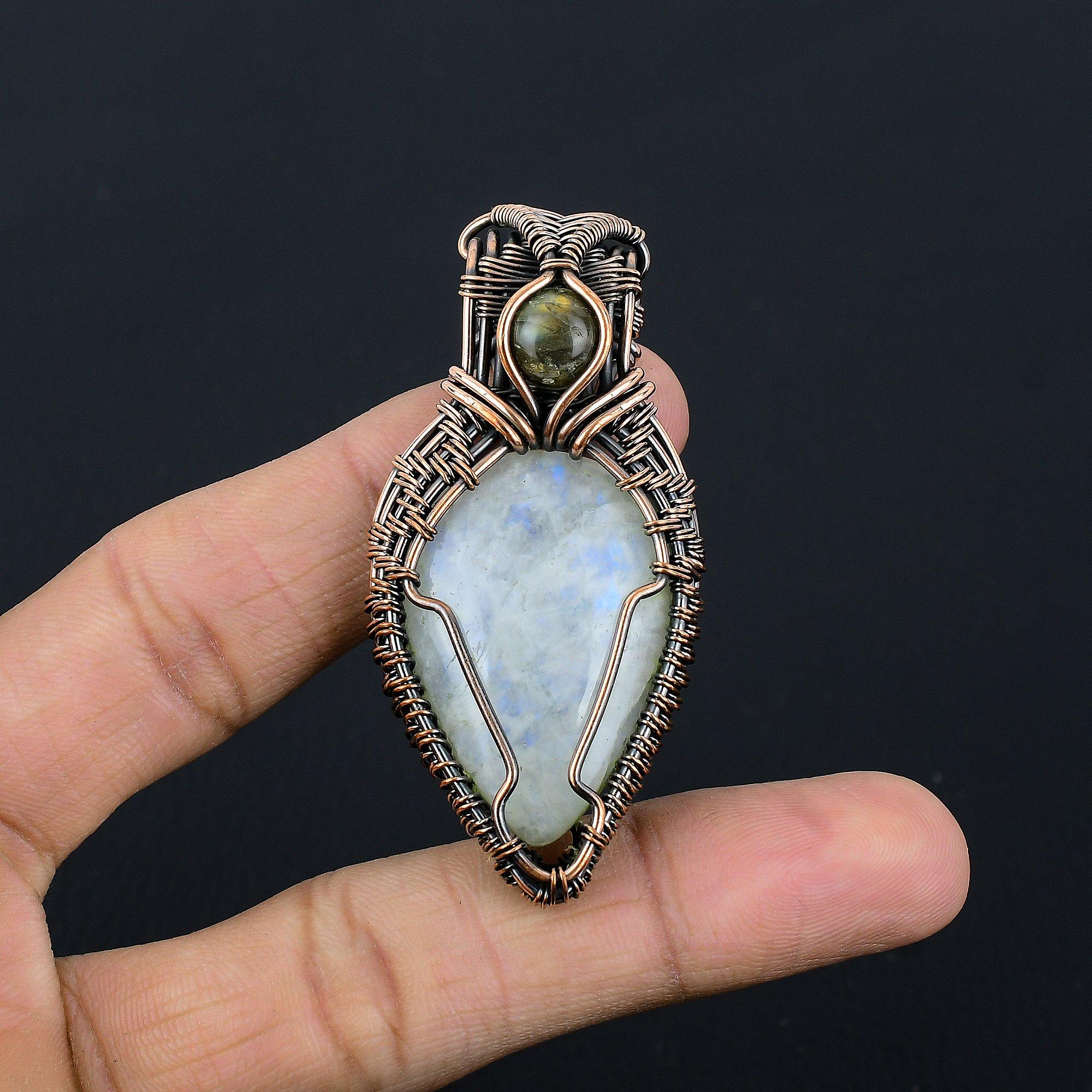 

Moonstone & Labradorite 999 Copper Wire Wrapped Pendant, Handmade Gemstone Pendant, Gift For Mom Antique Jewelry 2.55 Inches