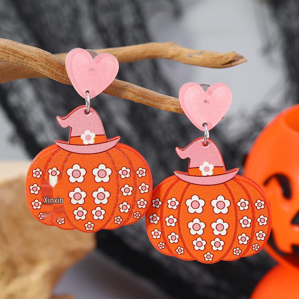 European & American Halloween Acrylic Pumpkin & Ghost Earrings - Exaggerated Cartoon Accessories for Women
