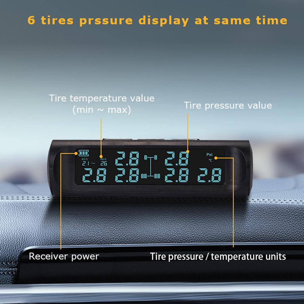 Car Wireless Tire Pressure Monitor 6 External TPMS Sensor 15bar Temperature Alarm System LCD USB Solar Truck Dedicated