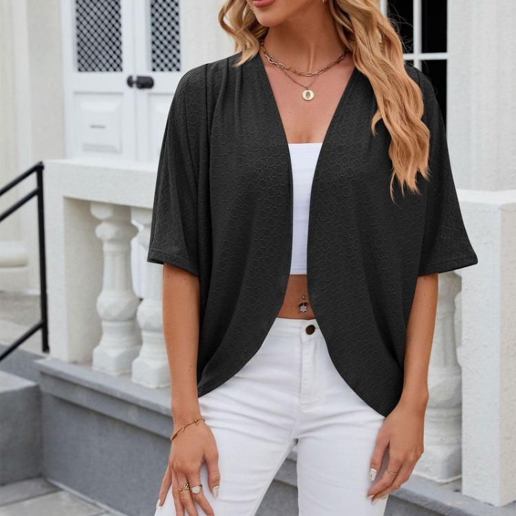 Women's Casual Knitted Cardigan Jacket Fashionable Mid Sleeve Solid Color Spring Summer